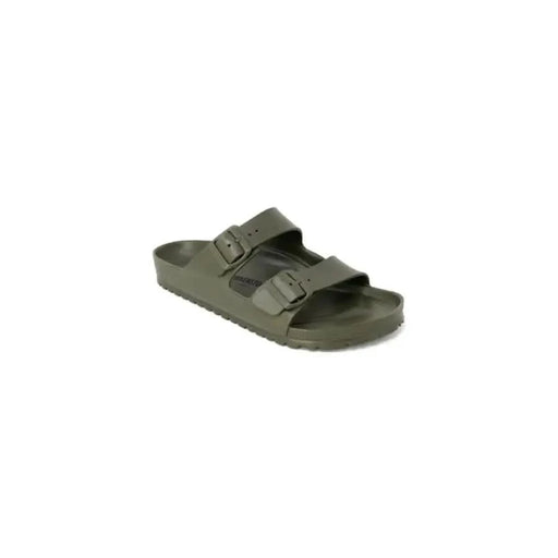 Olive green Birkenstock sandals with two adjustable buckle straps for men