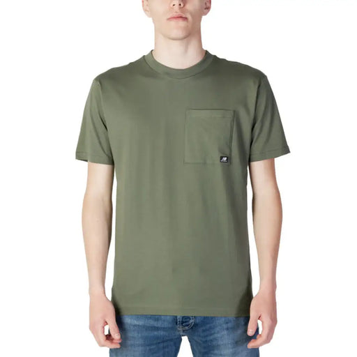 Olive green New Balance Men T-Shirt featuring a chest pocket design