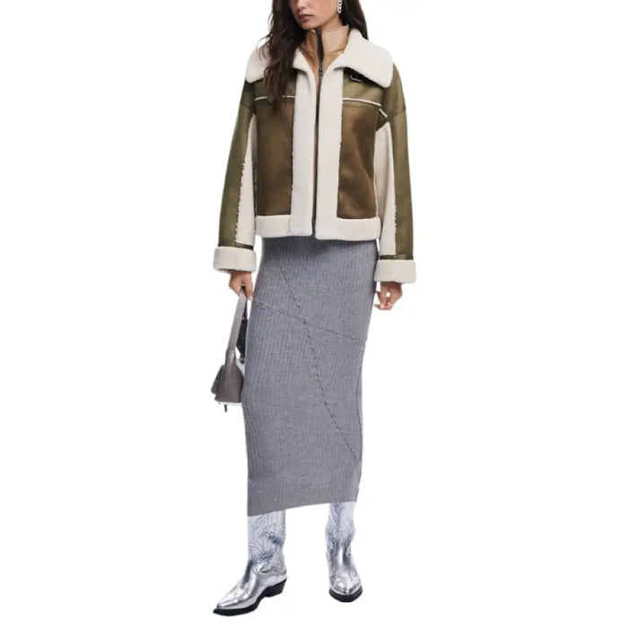 Olive green and white shearling-trimmed jacket with zipper front by Desigual