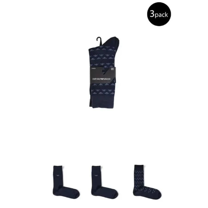 Pack of three pairs of dark blue patterned men’s dress socks from Emporio Armani Underwear