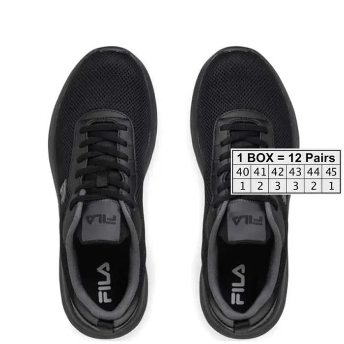 Pair of black FILA athletic sneakers featuring branding and size information