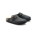 Birkenstock women sandals: black leather clogs with buckle straps and cork footbeds