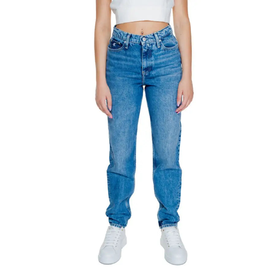 Pair of blue high-waisted straight-leg Calvin Klein women’s jeans