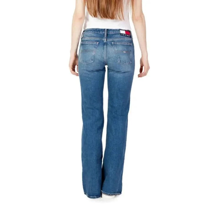 Pair of blue Tommy Hilfiger jeans with logo on waistband, ideal for women