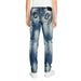 Pair of distressed blue jeans with decorative patches on Icon Men Jeans back pockets