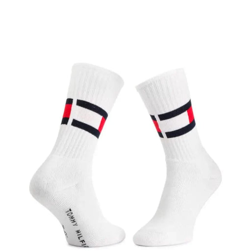 Tommy Hilfiger men’s white athletic socks with red and navy blue logo design