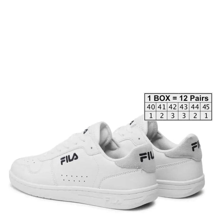 Pair of white Fila Men Sneakers featuring distinctive black logo branding