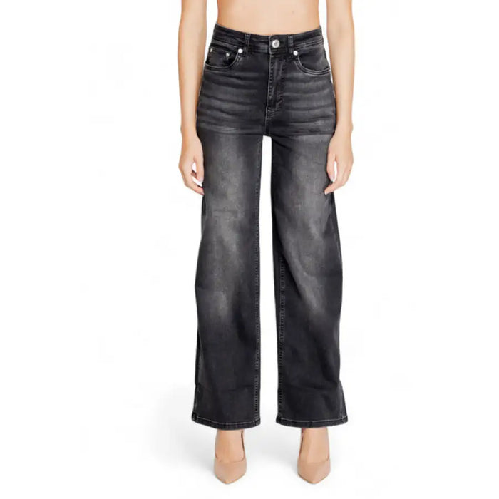 Pair of wide-leg black denim jeans with a faded wash by Street One for women