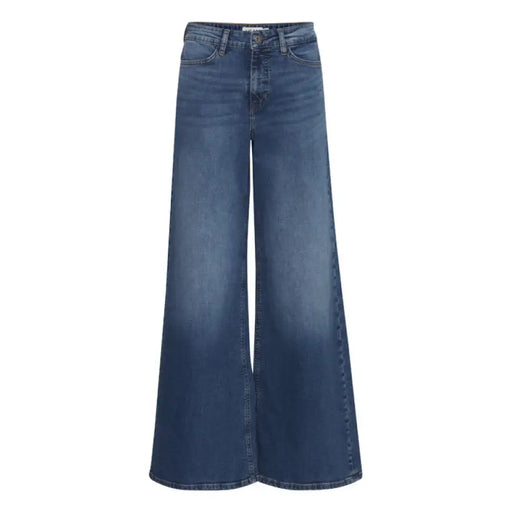 Pair of wide-leg blue jeans featuring a flared silhouette by Ichi Women Jeans