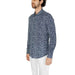 Patterned blue and white Antony Morato long-sleeved button-up shirt with white pants