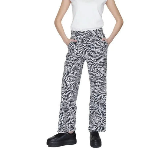 Street One Women Trousers: Geometric black and white patterned wide-leg trousers