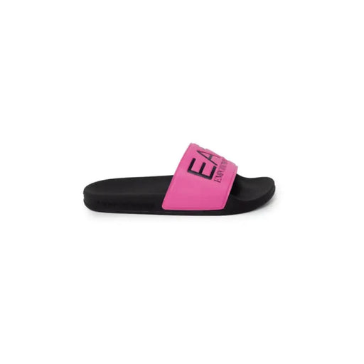 Pink and black EA7 Women Slippers with ’EA’ branding on the strap