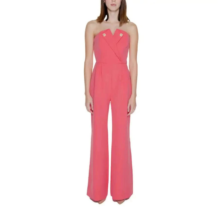 Silence - Silence Women Jumpsuit: Pink Strapless Wide-Leg with Notched Neckline and Buttons