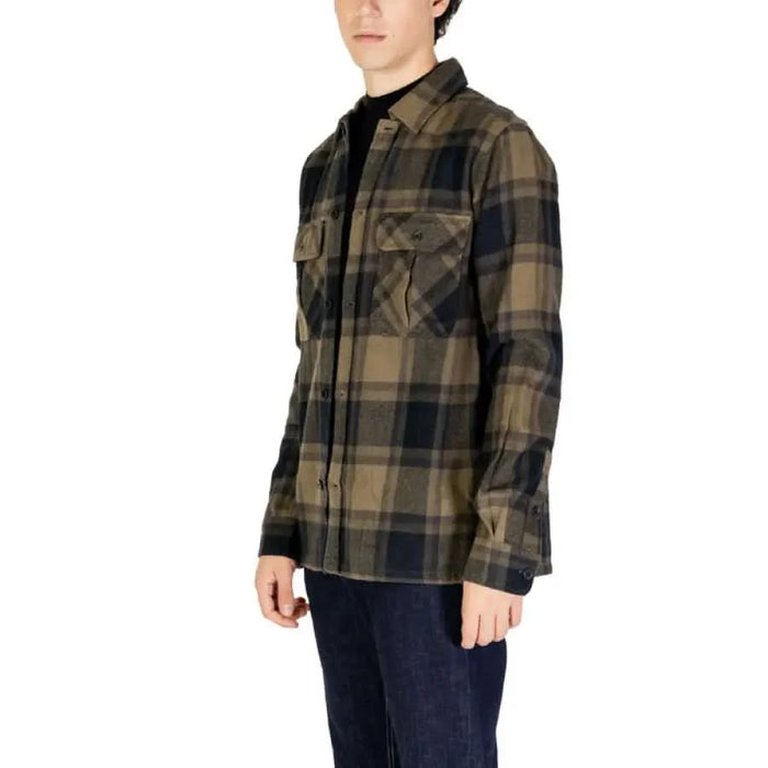 Plaid flannel button-up shirt in olive green and black buffalo check by Only & Sons