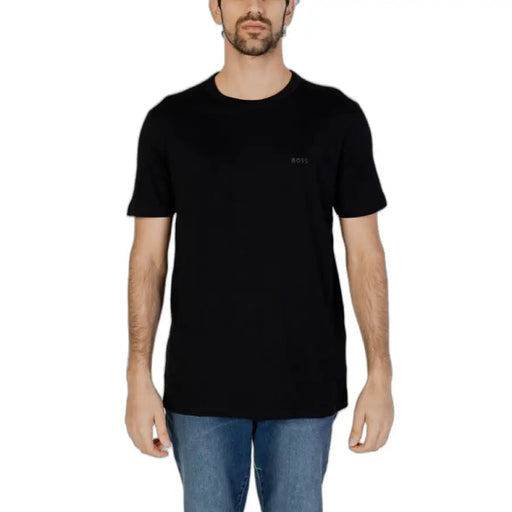 Plain black crew neck t-shirt with short sleeves from Boss Men collection