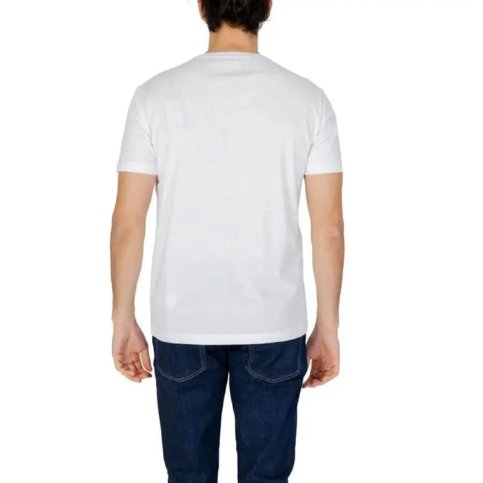 Rear view of person wearing Ea7 Men T-Shirt plain white t-shirt