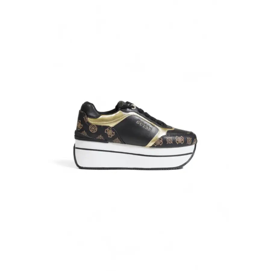 Guess Women’s Platform Sneaker - Black/Gold Pattern on Thick White Sole
