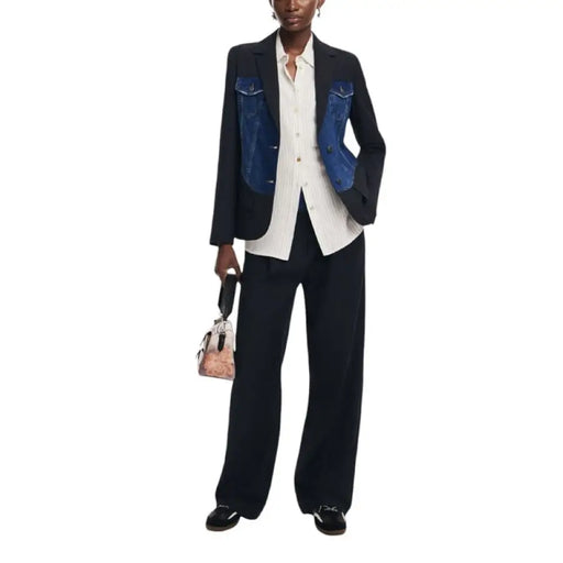 Professional navy blazer with denim accents, white blouse, and wide-leg trousers ensemble