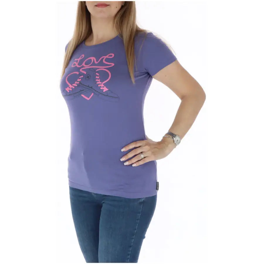Purple Converse Women T-Shirt with pink ’Love’ text and sneaker design on the front