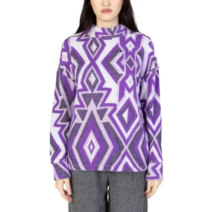 Purple and white geometric patterned sweater with mock turtleneck by Street One Women Knitwear