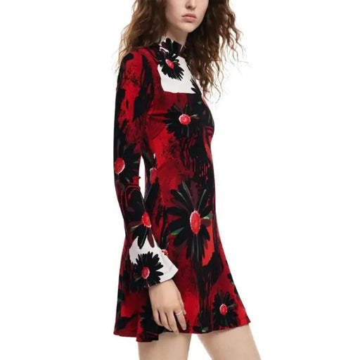 Red, black, and white floral print dress with long sleeves and high collar by Desigual