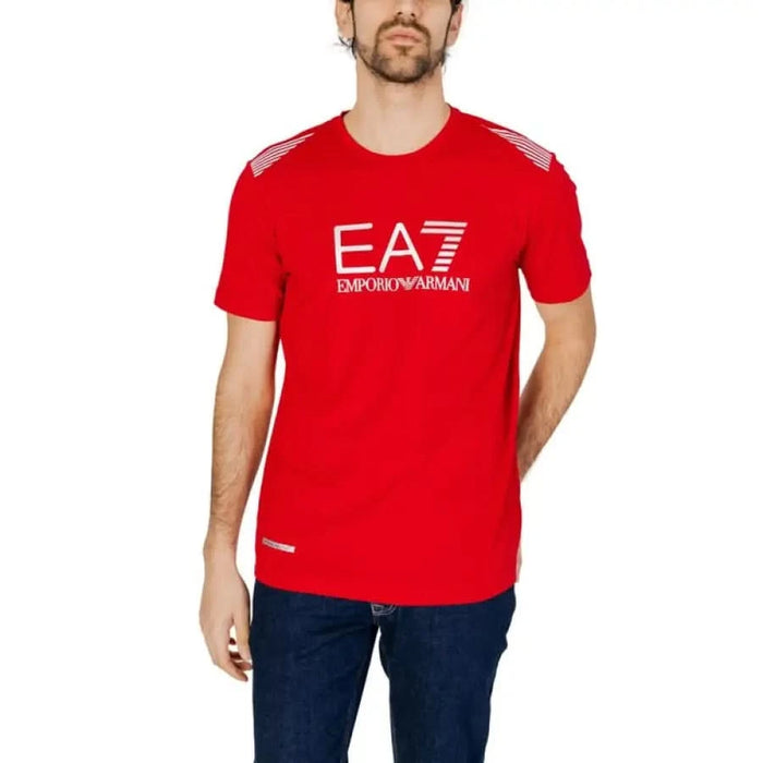 Red Emporio Armani EA7 T-shirt worn by a man with facial hair - EA7 Men T-Shirt