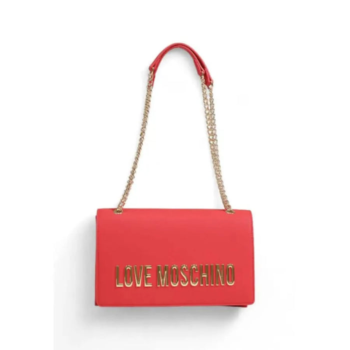 Red handbag with gold Love Moschino lettering and stylish chain strap