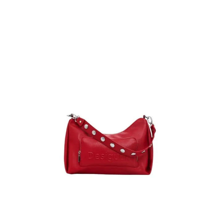 Red leather handbag with studded strap and embossed logo by Desigual