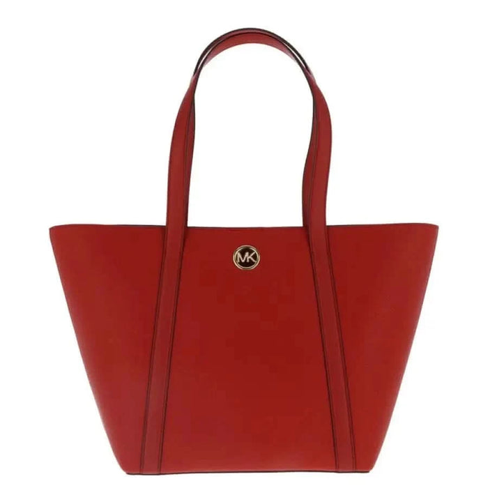 Red leather tote bag featuring gold MK logo emblem by Michael Kors for women