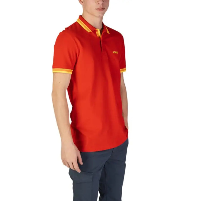 Red Boss Men’s Polo Shirt with yellow trim and collar made from 100% cotton