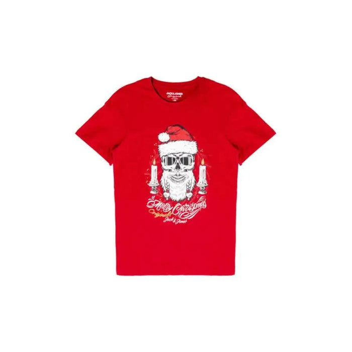 Red Jack and Jones Men T-Shirt with Christmas-themed skull design wearing sunglasses and Santa hat