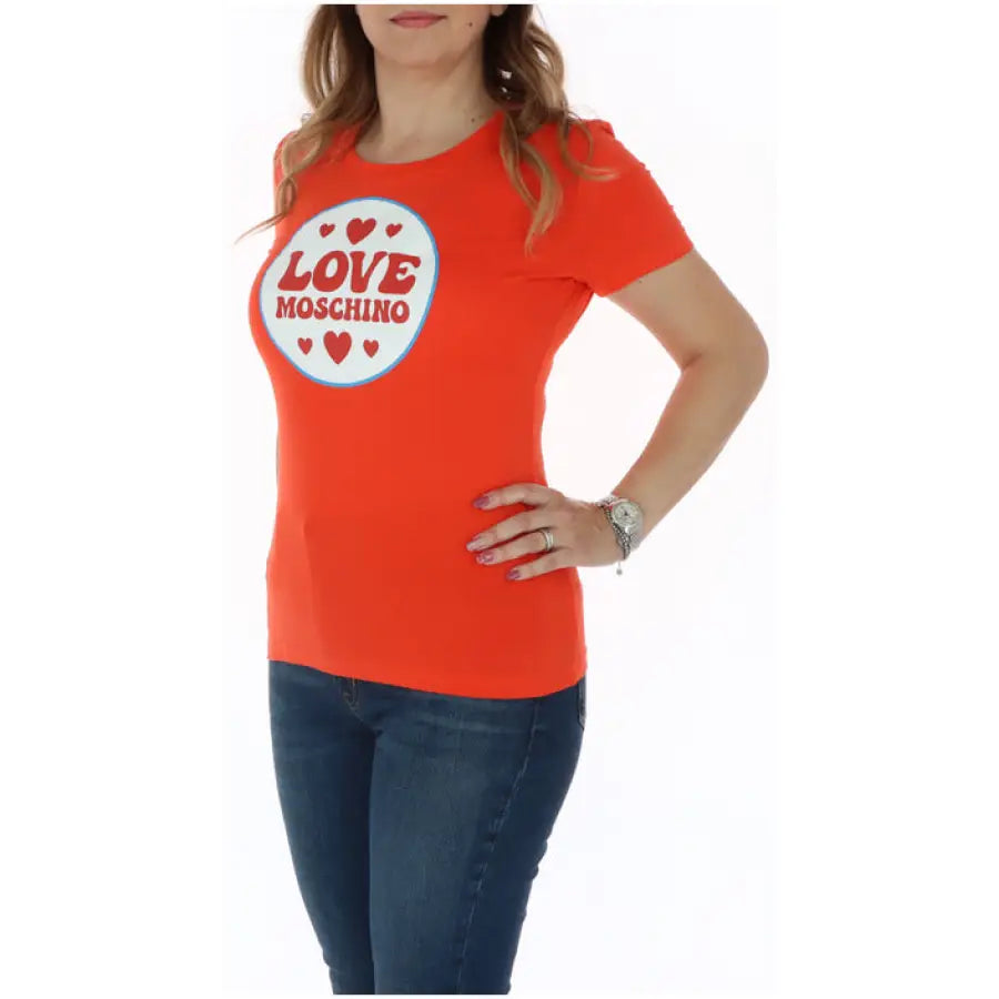 Red LOVE MOSCHINO T-shirt with heart designs for women - Love Moschino Women T-Shirt