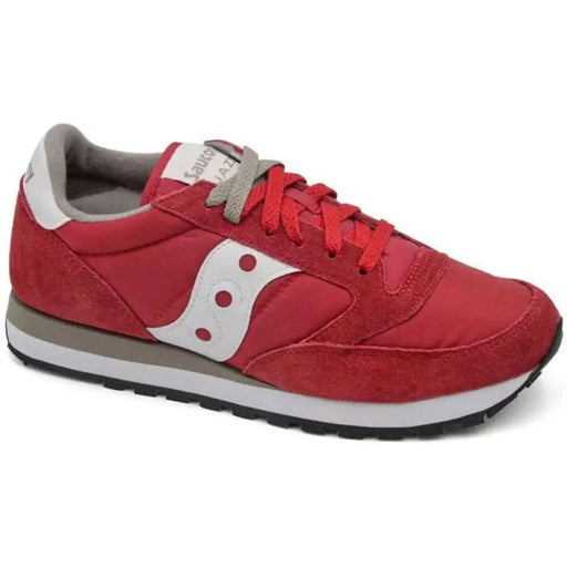 Red and white Saucony sneaker with gray accents for men, ideal for athletic wear