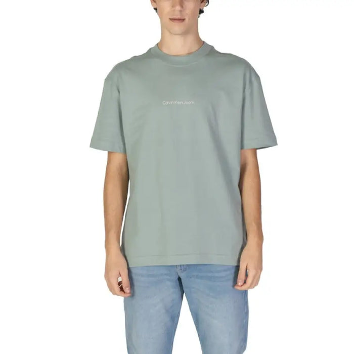 Sage green Calvin Klein Jeans men t-shirt featuring a minimal text design