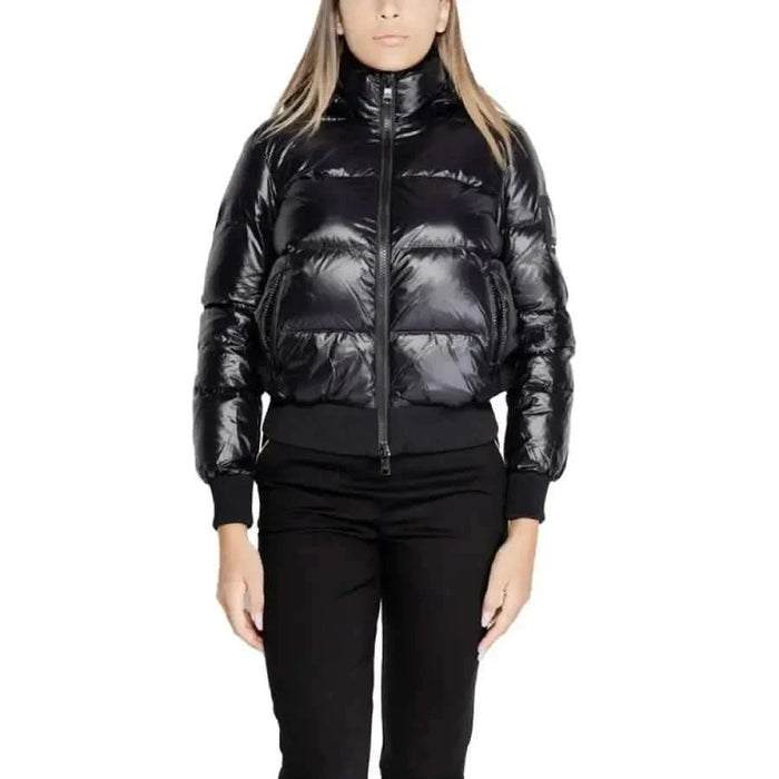 Shiny black puffer jacket with high collar and zipper closure by Armani Exchange