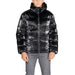 Shiny black Ea7 Men Jacket with hood and full-length zipper, stylish and modern design