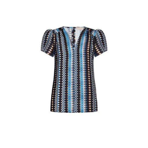 Short-sleeved Rinascimento blouse featuring a blue, black, and white zigzag pattern