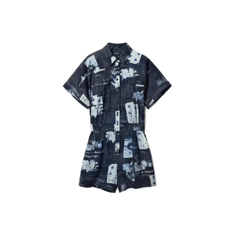 Desigual Women’s Short-Sleeved Romper with Dark Blue and White Abstract Print Pattern