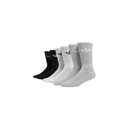 Six pairs of Adidas athletic socks in black, gray, and white shades for men