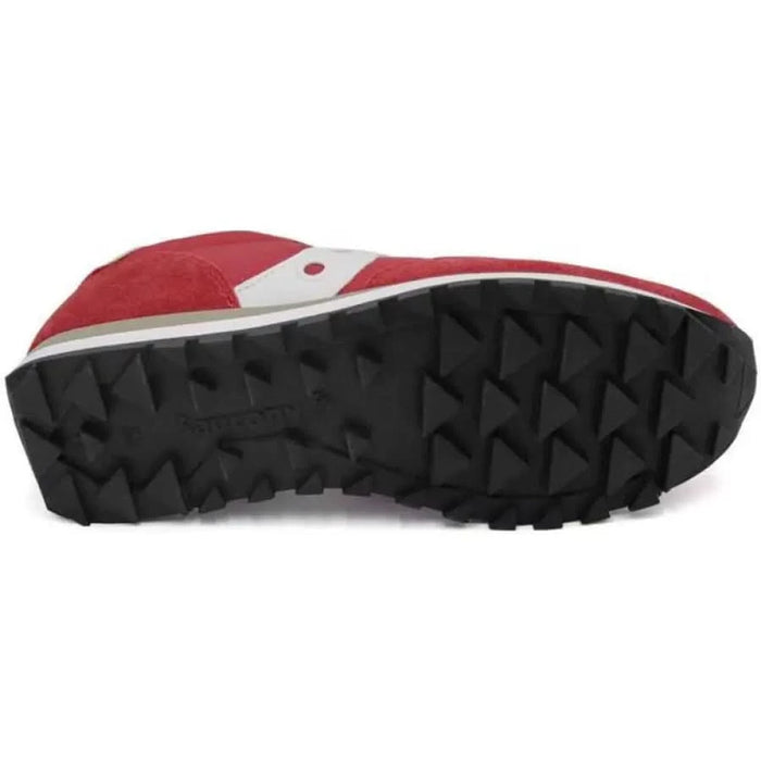 Sole of Saucony Men Sneakers featuring red and white design with black treaded bottom