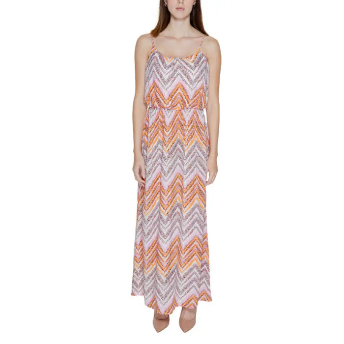 Strapless maxi dress with orange, purple, and white chevron pattern by Only Women