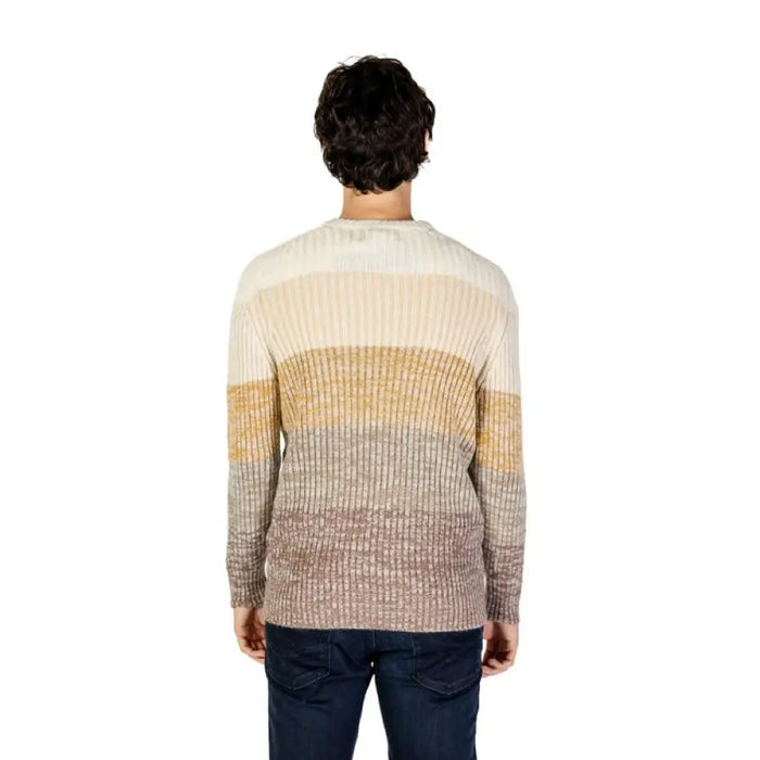 Striped knit sweater in cream, beige, and gray by Hydra Clothing for men