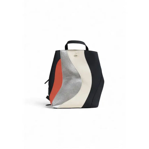 Stylish Desigual color-blocked backpack featuring geometric panels in black, white, gray, and orange