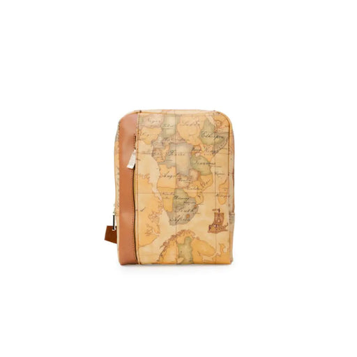 Tan leather crossbody bag with vintage world map print by Alviero Martini Prima Classe