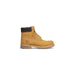 Tan leather Timberland Men Boots featuring a thick rubber sole and black collar