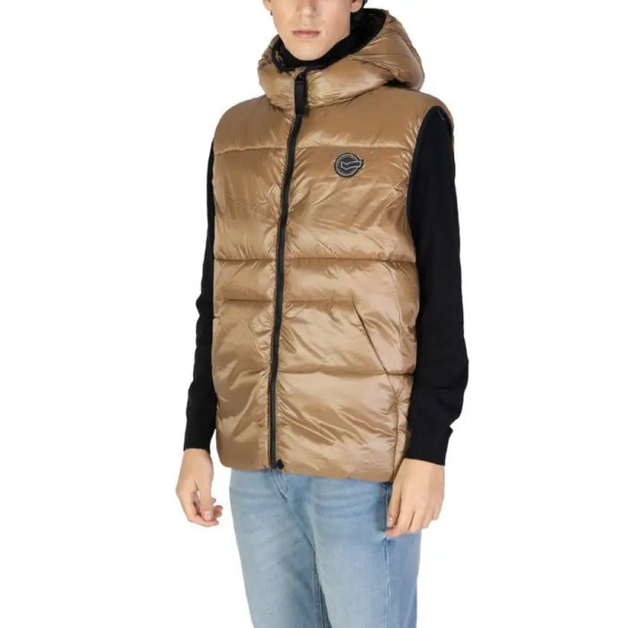 Tan puffy hooded vest with black trim and zipper closure from Gas Men Beige Turtleneck Gilet