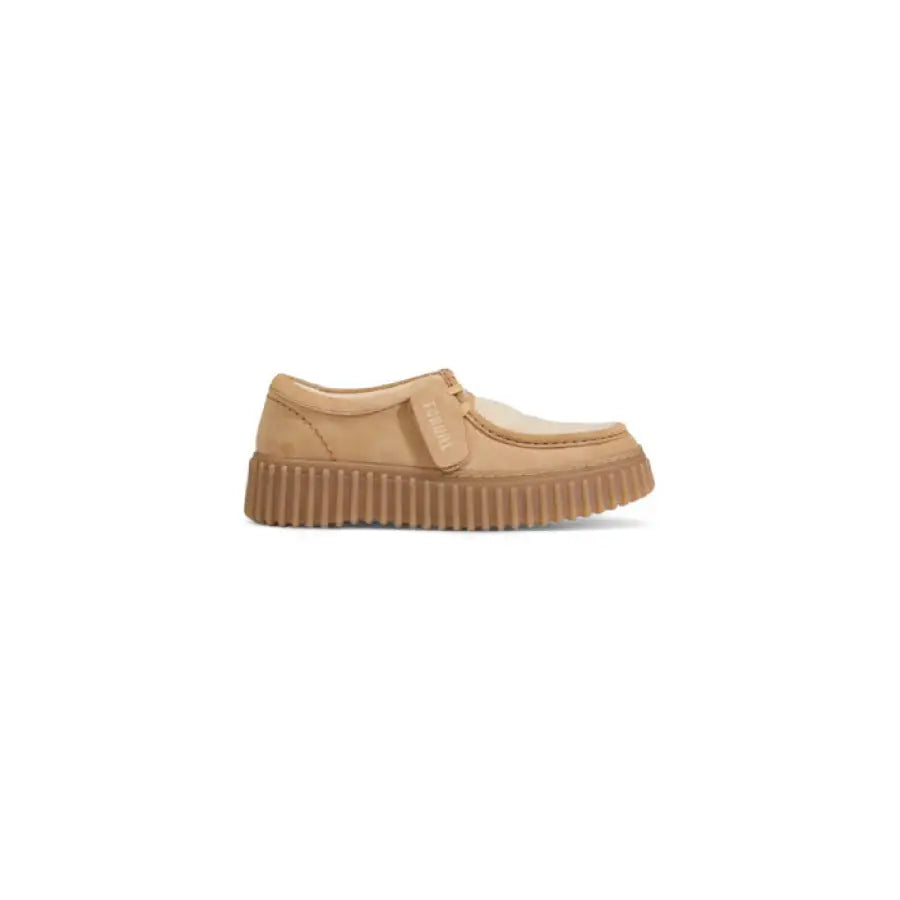 Tan suede platform loafer with thick ridged sole from Clarks - Clarks Women Moccassin