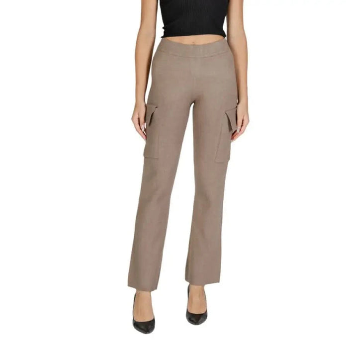 Taupe-colored Vila Clothes women trousers with straight legs and side pockets