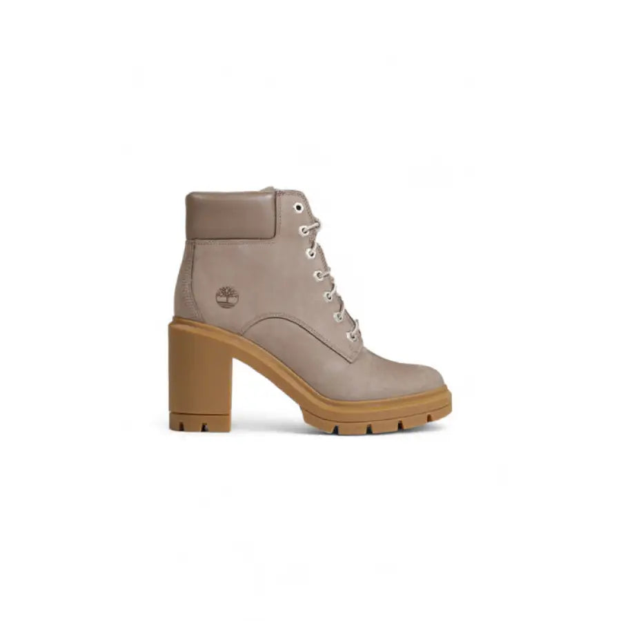Timberland Women Boots: Taupe leather ankle boot with chunky heel and lug sole