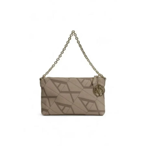 Taupe leather clutch handbag with geometric pattern and chain strap by Armani Exchange